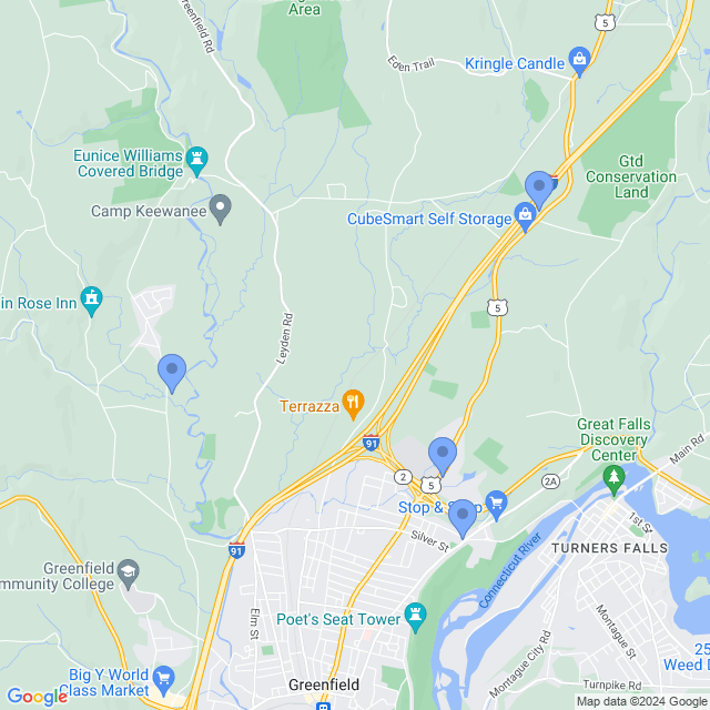 Map of veterinarians in Greenfield, MA