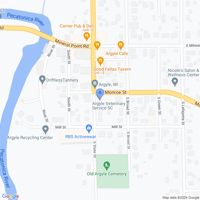Map of veterinarians in Argyle, WI