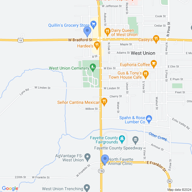 Map of veterinarians in West Union, IA