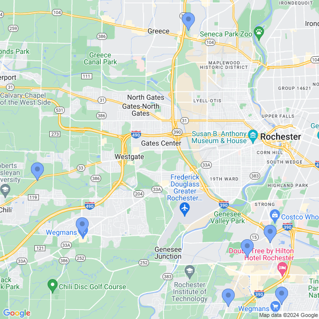 Map of veterinarians in Rochester, NY