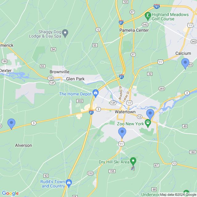 Map of veterinarians in Watertown, NY