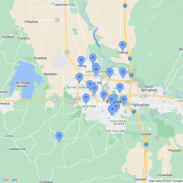Map of veterinarians in Eugene, OR
