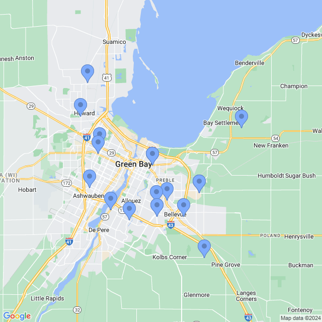 Map of veterinarians in Green Bay, WI