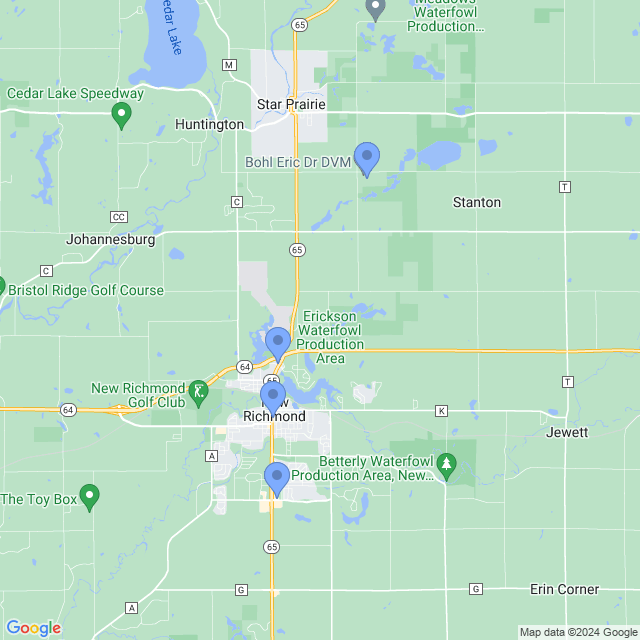 Map of veterinarians in New Richmond, WI