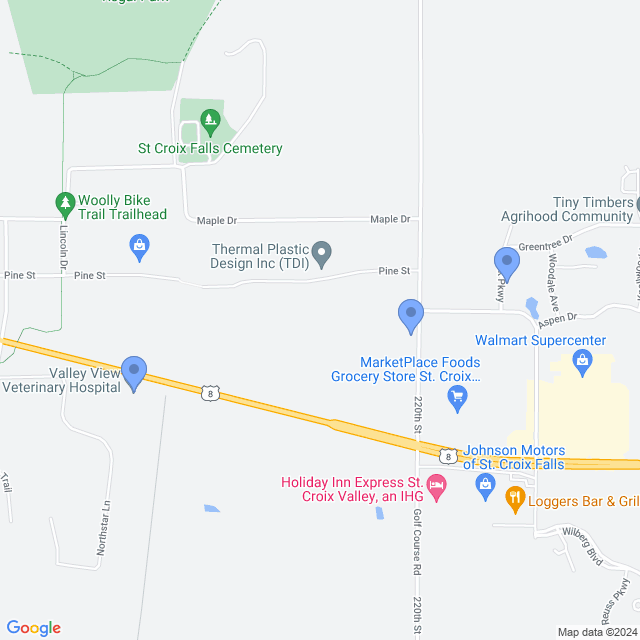 Map of veterinarians in St Croix Falls, WI