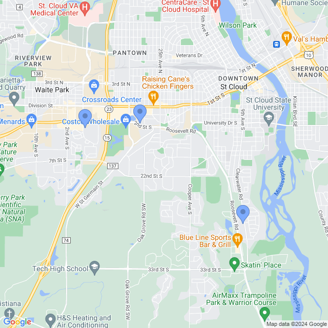 Map of veterinarians in St Cloud, MN