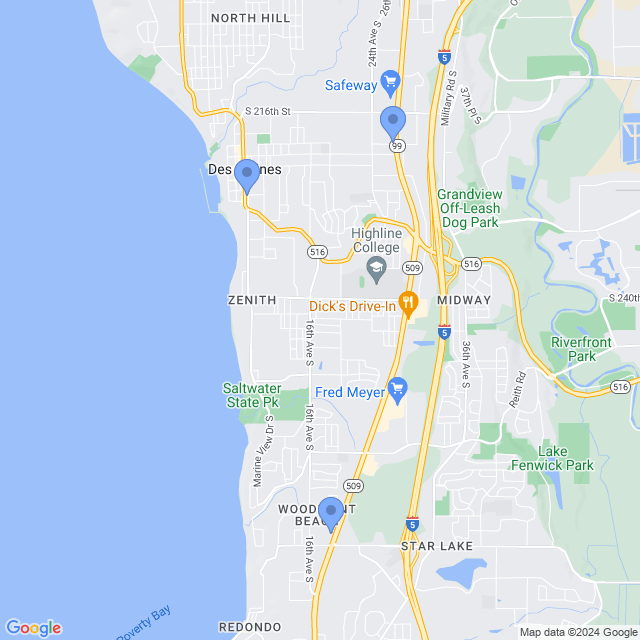Map of veterinarians in Des Moines, WA