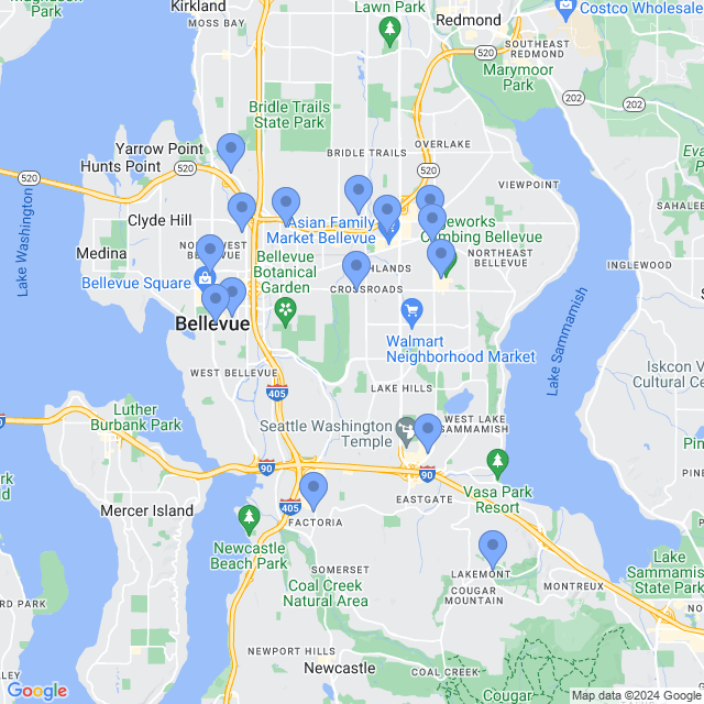 Map of veterinarians in Bellevue, WA