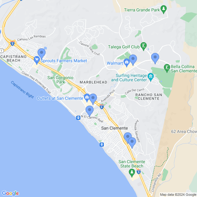 Map of veterinarians in San Clemente, CA