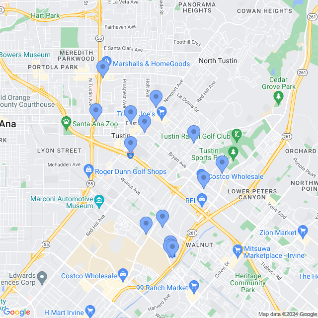 Map of veterinarians in Tustin, CA