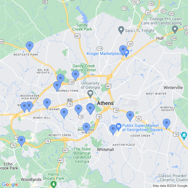 Map of veterinarians in Athens, GA