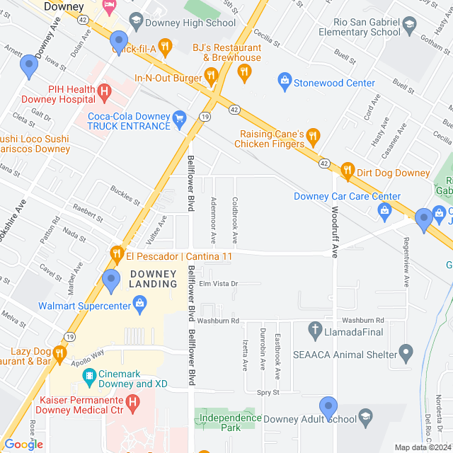 Map of veterinarians in Downey, CA