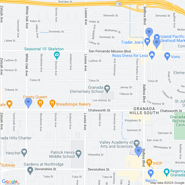 Map of veterinarians in Granada Hills, CA