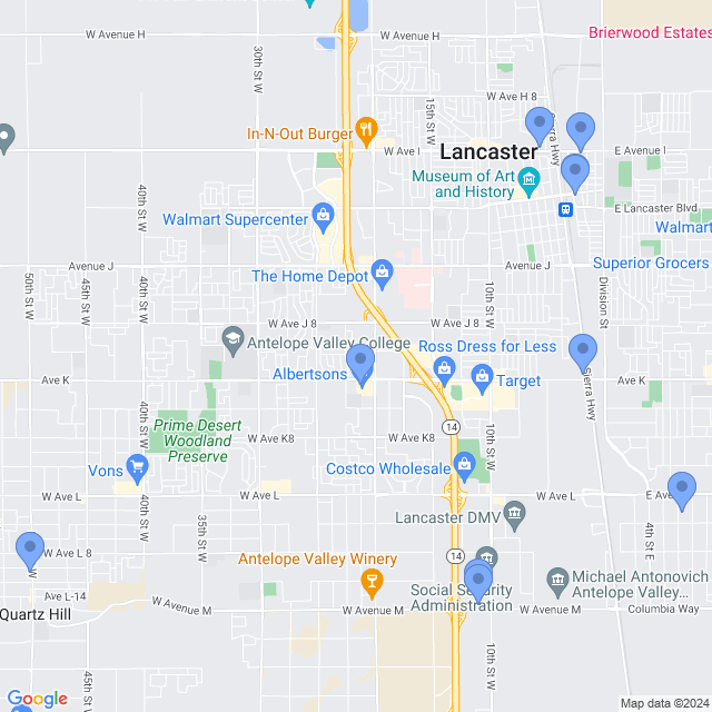 Map of veterinarians in Lancaster, CA
