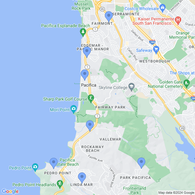 Map of veterinarians in Pacifica, CA