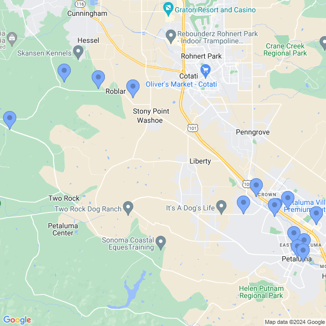 Map of veterinarians in Petaluma, CA