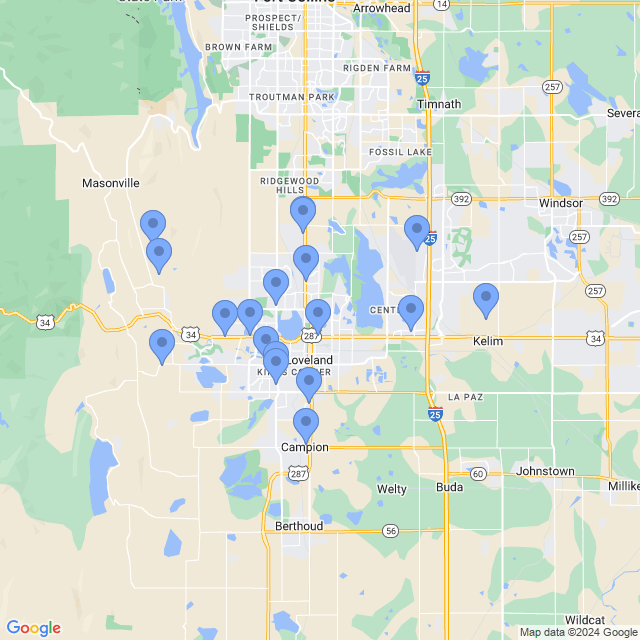 Map of veterinarians in Loveland, CO