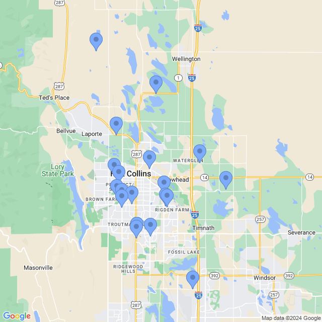Map of veterinarians in Fort Collins, CO
