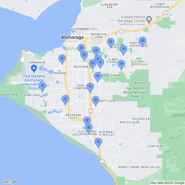 Map of veterinarians in Anchorage, AK